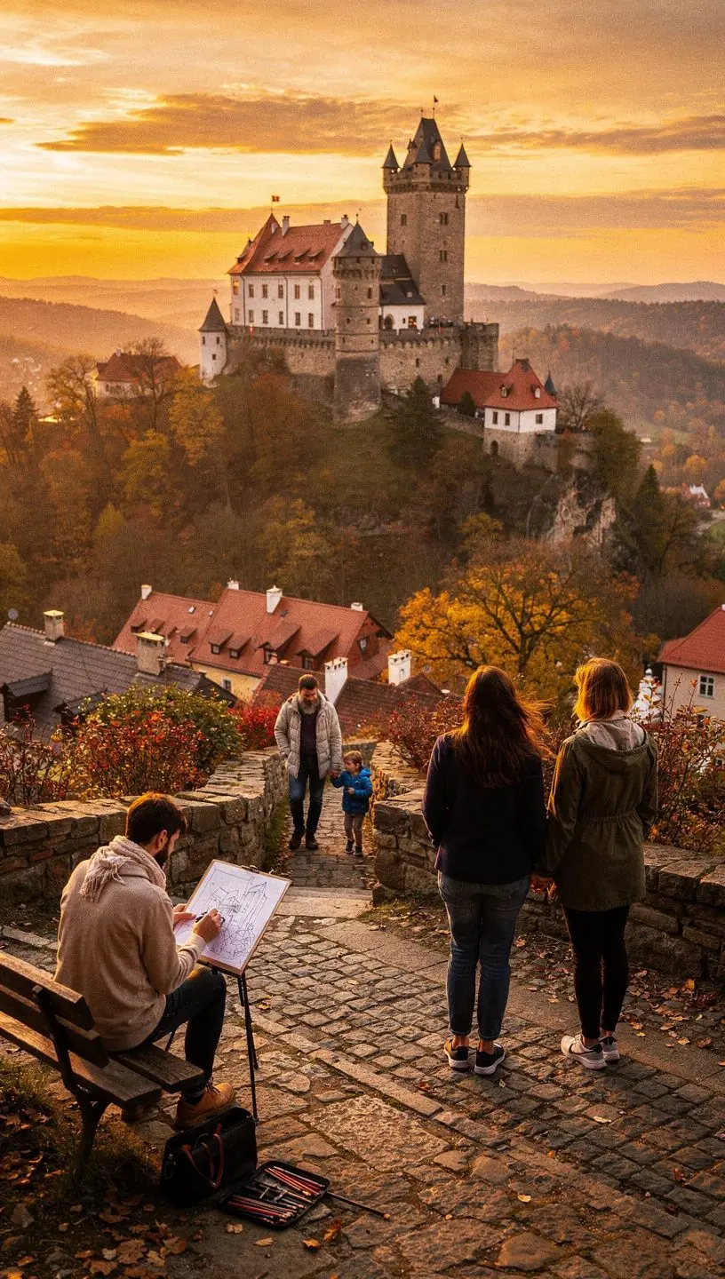 Krajinný pohled na malebné město s historickými budovami a zelenými parky.