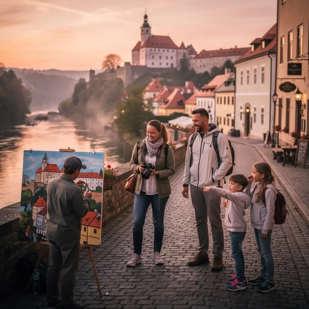 Rodina se baví při pikniku na břehu řeky, obklopena překrásnou přírodou.
